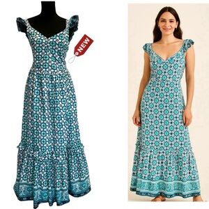 Haute Hippie Teal Blue White Ruffle Patterned Prairie Bohemian Maxi Dress XS